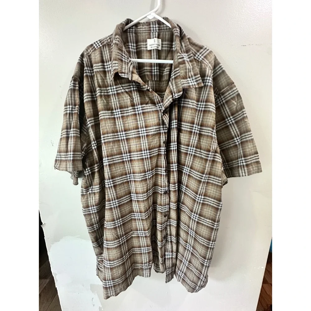 Mutual Weave Mens 5XLT Plaid Short Sleeve Button Down Shirt Brown Tan Stretch